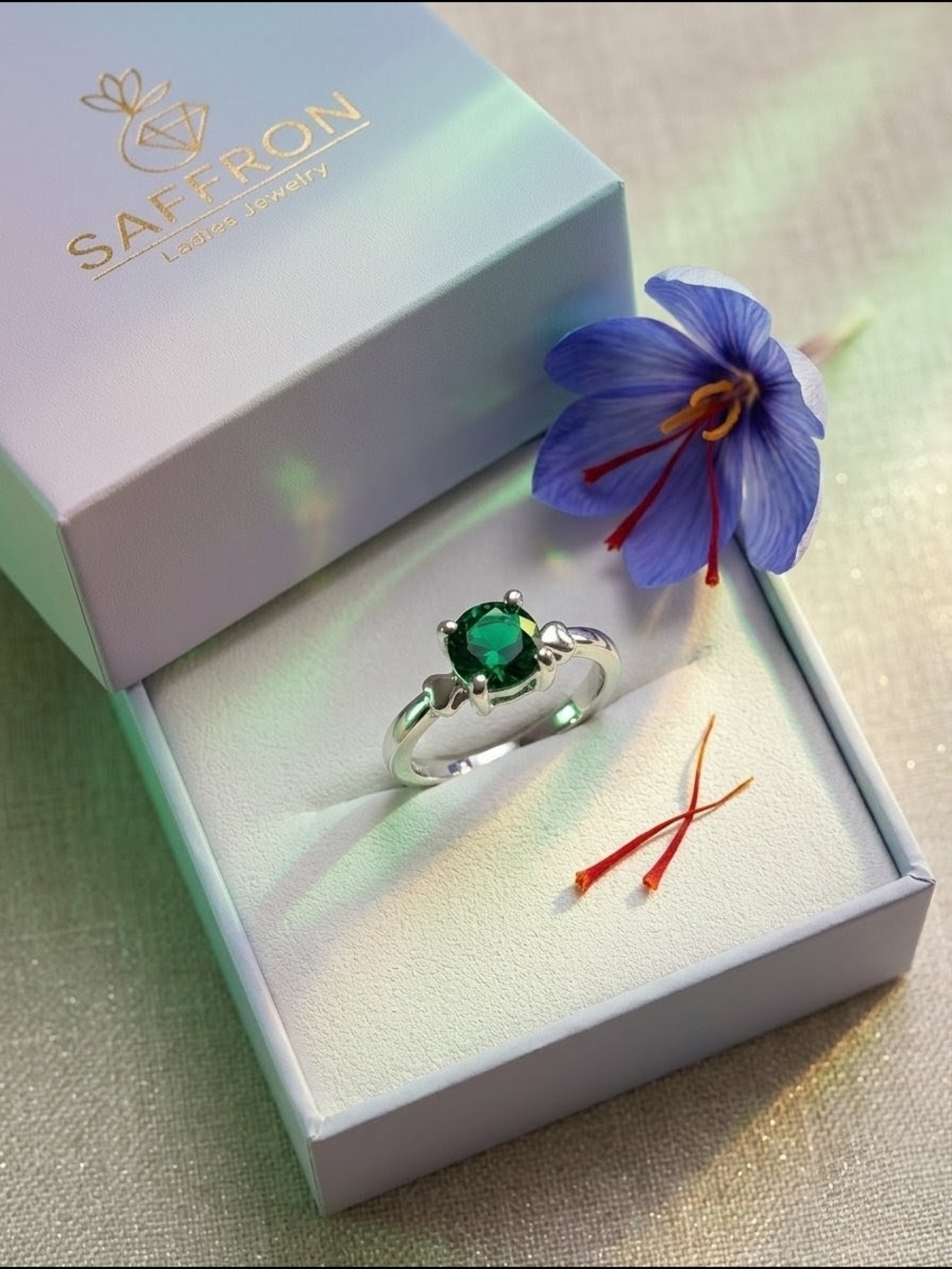 Saffron Emerald Green Solitaire Ring - Silver Tone & Cubic Zirconia Size 7
